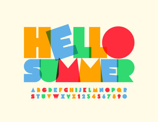 Vector bright poster Hello Summer with modern Alphabet Letters and Numbers. Kids colorful Font