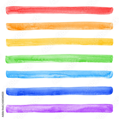 Rainbow colors watercolor separate isolated stripes with stains background. H...