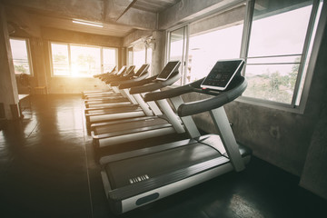 Close up digital display screen control exercise  treadmill  equipment interior gym and modern fitness room center