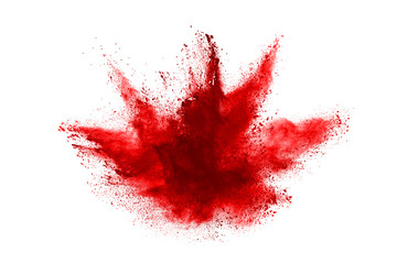Wall Mural - freeze motion of red powder exploding, isolated on white background. abstract design of red dust clo