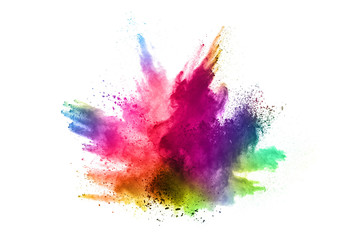 Wall Mural - abstract powder splatted background. Colorful powder explosion on white background. Colored cloud. Colorful dust explode. Paint Holi.