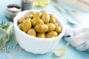 Green olives in a bowl