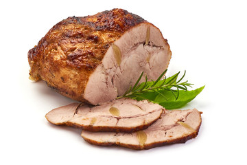 Baked pork roast, spicy meat, close-up, isolated on white background.