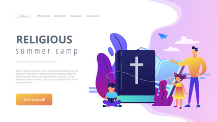 Poster - Tiny people, kids boy and girl in christian summer camp reading bible. Religious summer camp, faith based camp, religious education concept. Website vibrant violet landing web page template.
