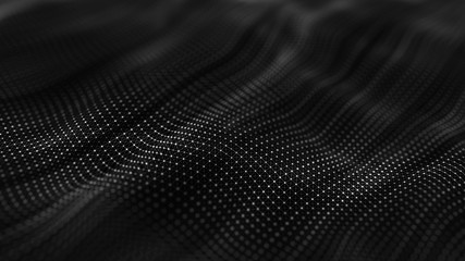 Poster - Wave 3d. Wave of particles. Abstract background with a futuristic wave. Big data visualization. Technology concept. 3d landscape. 3d rendering.
