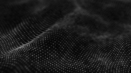 Poster - Wave 3d. Wave of particles. Abstract background with a futuristic wave. Big data visualization. Technology concept. 3d landscape. 3d rendering.