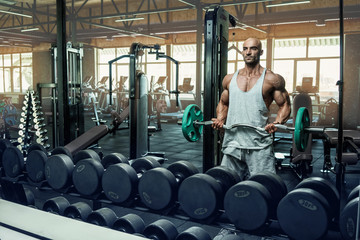 Wall Mural - Young handsome sportsman bodybuilder weightlifter with an ideal body, after coaching poses in front of the camera, abdominal muscles, biceps triceps. In sportswear.