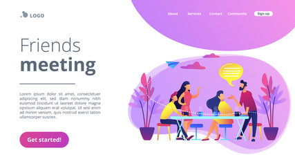 Wall Mural - Group of friends sitting at the table talking, drinking coffee and tea, tiny people. Friends meeting, cheer up friend, friendship support concept. Website vibrant violet landing web page template.