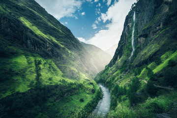 Wall Mural - beautiful mountains covered green grass. moody landscape with mountain valley, river, waterfall, mea