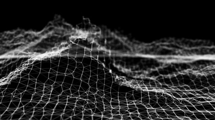 Poster - Wave 3d. Wave of particles. Abstract background with a futuristic wave. Big data visualization. Technology concept. 3d landscape. 3d rendering.