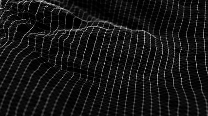 Poster - Wave 3d. Wave of particles. Abstract background with a futuristic wave. Big data visualization. Technology concept. 3d landscape. 3d rendering.