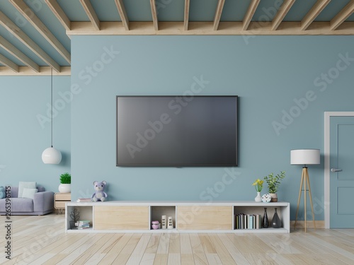 Tv On The Cabinet In Modern Living Room On Blue Wall Background 3d Rendering Buy This Stock Illustration And Explore Similar Illustrations At Adobe Stock Adobe Stock