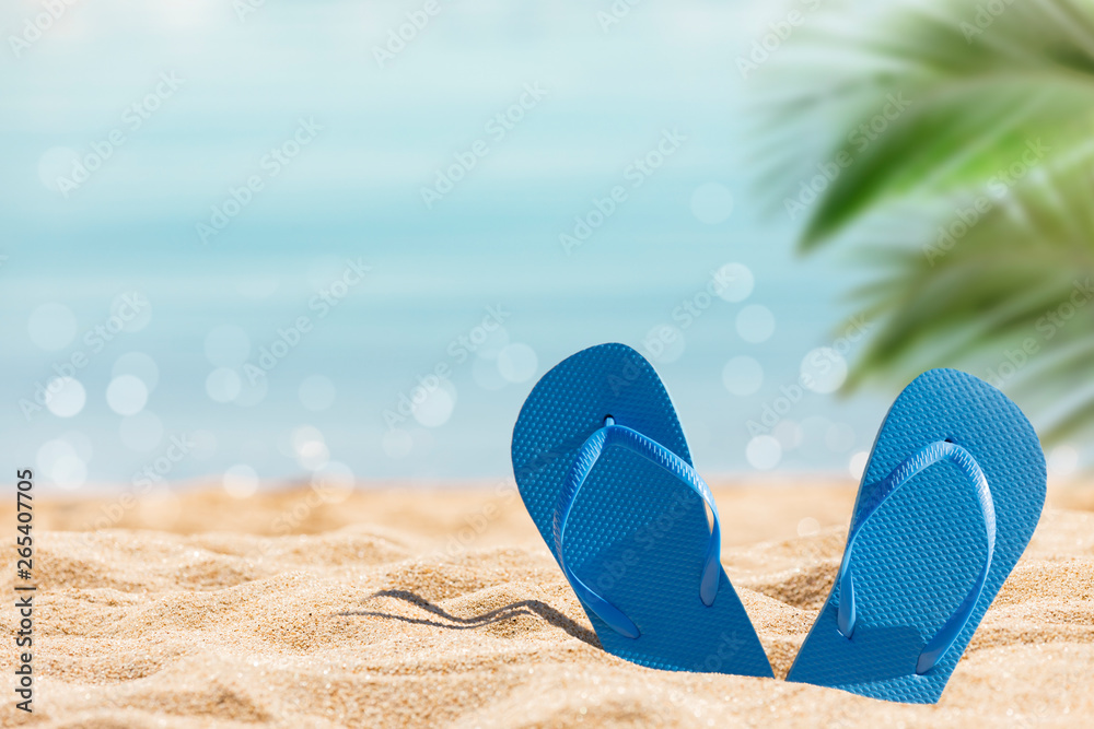 flip flops on the sunny tropical beach with palm trees and turquoise ...