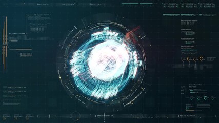Poster - Advance motion graphic futuristic user interface head up display screen with Holographic electromagnetic machine with gravitational fields energy particles wave and digital data telemetry information 