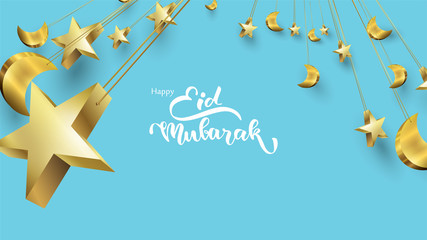 Wall Mural - Eid Mubarak greeting Card Illustration, ramadan kareem vector Wishing for Islamic festival with shining golden moon on empty blue background - Vector