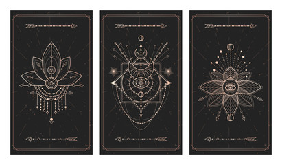 Vector set of three dark backgrounds with geometric symbols, grunge textures and frames. Abstract geometric symbols and sacred mystic signs drawn in lines.