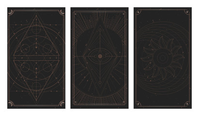 Wall Mural - Vector set of three dark backgrounds with geometric symbols, grunge textures and frames. Abstract geometric symbols and sacred mystic signs drawn in lines.