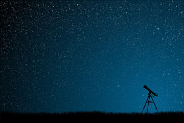 Telescope on starry night sky with blue glow.