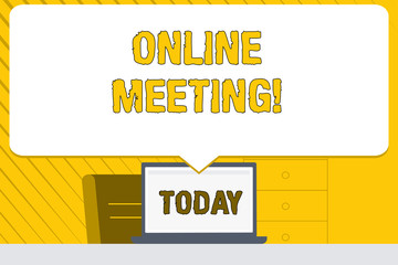 Word writing text Online Meeting. Business photo showcasing a meeting that takes place over an electronic medium Blank Huge Speech Bubble Pointing to White Laptop Screen in Workspace Idea