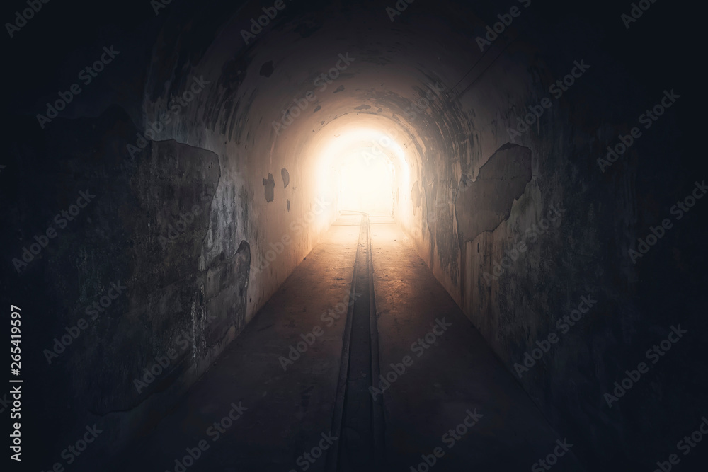 Light in end of tunnel. Long underground concrete corridor in abandoned bunker, toned - obrazy, fototapety, plakaty 