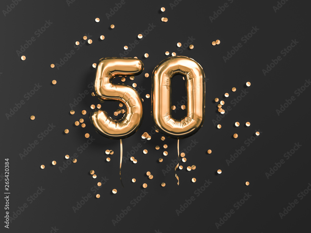 50 years old. Gold balloons number 50th anniversary, happy birthday congratulations. 3d rendering. - obrazy, fototapety, plakaty 