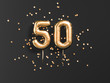 50 years old. Gold balloons number 50th anniversary, happy birthday congratulations. 3d rendering.