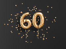 60 Years Old. Gold Balloons Number 60th Anniversary, Happy Birthday Congratulations. 3d Rendering.