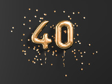 40 Years Old. Gold Balloons Number 40th Anniversary, Happy Birthday Congratulations. 3d Rendering.