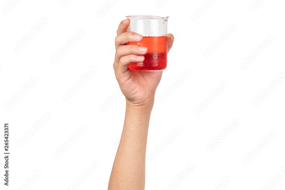 Science beaker with red water or red liquid holding by boy hand ...