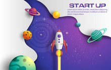 Paper Art Style Of Rocket Flying In Space, Start Up Concept, Design Banner Template, Flat-style Vector Illustration.