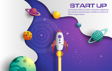 Paper art style of rocket flying in space, start up concept, design banner template, flat-style vector illustration.