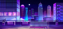 Rooftop Bar, Restaurant Lounge Area With Comfortable Armchairs, Flowerpot, Lamps On City House Roof Cartoon Vector. Night Metropolis View With Illuminated Skyscrapers From Terrace Above Street Level