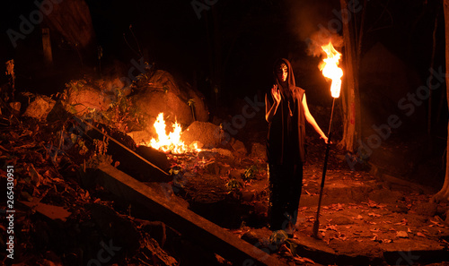 Cuadros en Lienzo Woman walking by the dark forest with burning staff