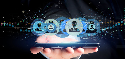 Poster - Man holding a Professional contact network concept 3d rendering