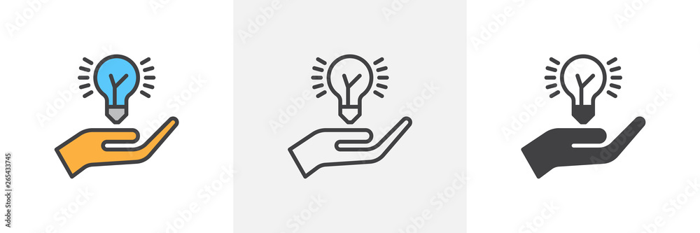 Idea lamp and hand icon. Line, glyph and filled outline colorful version, Hand holding idea bulb outline and filled vector sign. Symbol, logo illustration. Different style icons set. Vector graphics - obrazy, fototapety, plakaty 