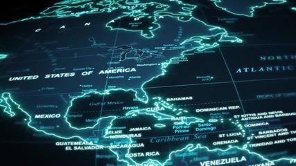 Wall Mural - World Map Travel Technology Background/ 4k animation of a world map travel background flight over by night with ocean, countries and cities names