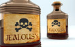 Dangers and harms of jealousy pictured as a poison bottle with word jealousy, symbolizes negative aspects and bad effects of unhealthy jealousy, 3d illustration