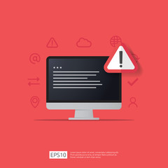 Poster - attention warning attacker alert sign with exclamation mark on computer monitor screen. beware alertness of internet danger symbol icon. Security VPN protection Concept. vector illustration..