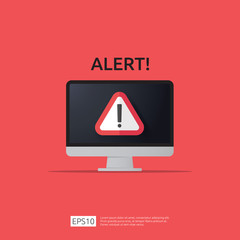 Wall Mural - attention warning attacker alert sign with exclamation mark on computer monitor screen. beware alertness of internet danger symbol icon. Security VPN protection Concept. vector illustration..