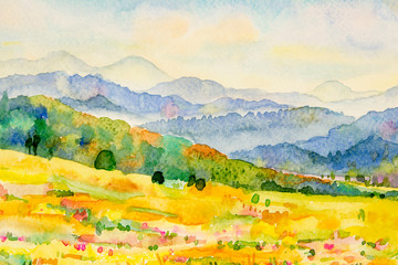 Watercolor landscape painting of mountain and meadow.