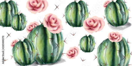 Cactus and flowers pattern Vector watercolor. Succulent summer backgrounds