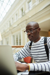 Portrait of contemporary African student wearing glasses using laptop while studying in library, copy space