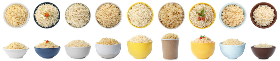 Set of different dishware with delicious cooked noodles on white background