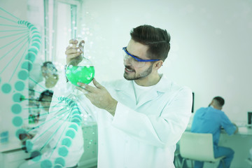 Poster - Medical student with glass flask working in modern scientific laboratory and graphic DNA strand, color tone