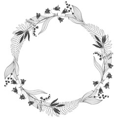  Floral round background with bluebells, lily of the valley, fern and place for text. Vector illustration on a white background. Invitation, greeting card or an element for your design.