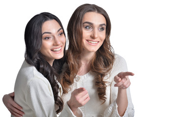 Close-up portrait of two female friends pointing isolated