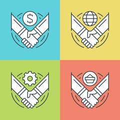 Poster - Flat line icons set. Thin linear stroke vector icons Handshake, Partnership, Deal Agreement, Successful hands symbols