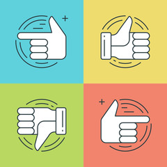 Poster - Flat line icons set. Thin linear stroke vector icons Hands, Thumbs up or like icon, Finger pointing social media symbols