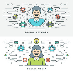 Poster - Flat line Social Media and Network Concept Vector illustration