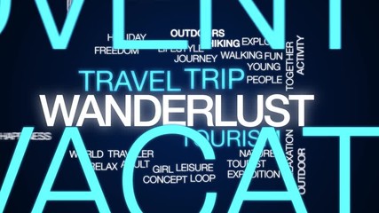 Poster - Wanderlust animated word cloud. Kinetic typography.